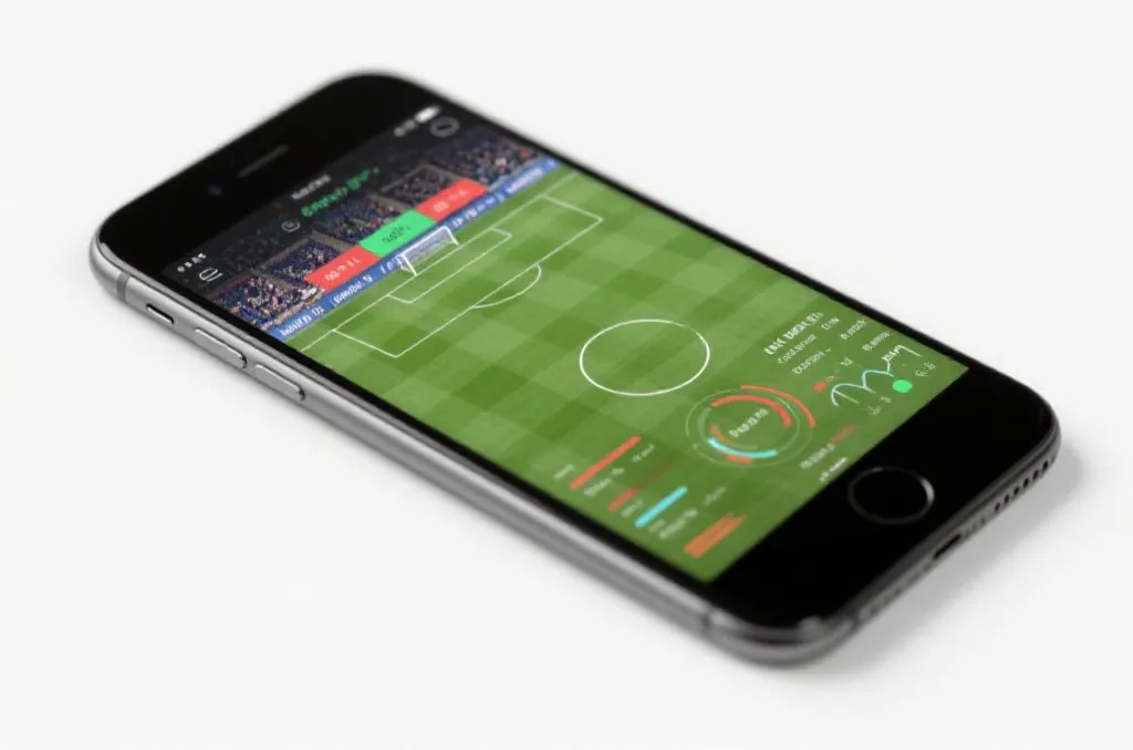 A modern smartphone displaying a live soccer match with real-time statistical overlays on the screen, clean background